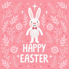 Vector holiday background with cute rabbit, floral elements and text "Happy Easter". Beautiful pink poster with cartoon character.