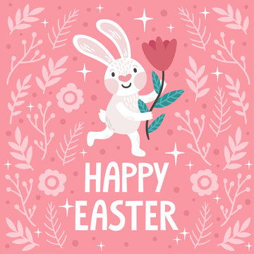 Vector holiday background with cute rabbit, flower, floral elements and text "Happy Easter". Beautiful pink poster with cartoon character.