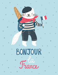 Vector background with cat in typical french clothes with backpack, baguette, flag of France. Vintage poster with cartoon character and text "Hello, France" in French. © beskovaekaterina