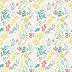 Vector seamless pattern with floral elements. Endless texture with hand drawing flowers, leaves and branches.