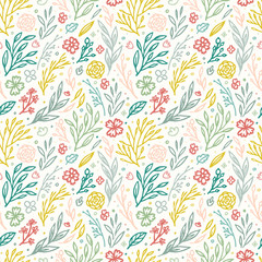 Vector seamless pattern with floral elements. Endless texture with hand drawing flowers, leaves and branches.