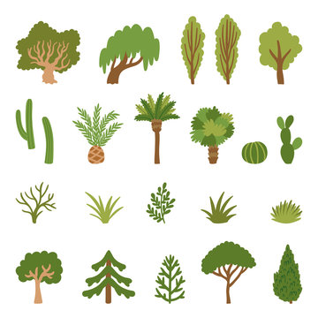 Vector set of different trees and grass. Hand drawing collection of simple nature elements. Isolated on white.
