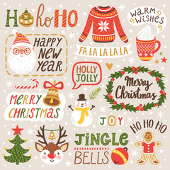Vector set of holiday labels with hand written phrases about Christmas season and New Year. Winter collection with Santa Claus, reindeer, snowman.