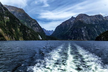 View behind the cruise ferry in Milford Sound, New Zealand