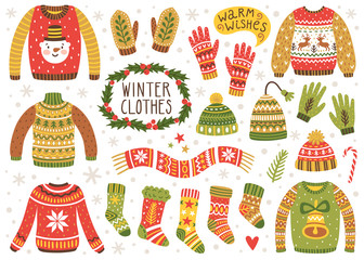 Vector set of cute winter clothes: sweaters, socks, hats, mittens, scarf. Collection of ugly sweaters with norwegian ornaments.