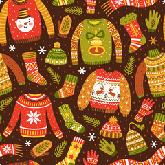 Winter seamless pattern with knitted jumpers, socks, hats, scarfs and mittens. Cute vector background with ugly sweaters. Repeating texture for New Year holidays. Christmas ornament.
