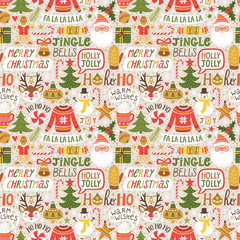 Winter seamless pattern with hand written typography and Christmas cartoon characters. Cute vector background with Santa Claus, reindeer, snowman. Repeating texture for New Year holidays.