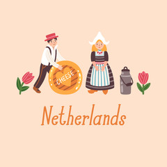 Vector illustration of cute cartoon Dutch people in tradirional costume, cheese, milk, tulips and text "Netherlands".