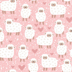 Vector seamless pattern with cute sheep, heart, star and dots. Pink childish repeated texture with smiling cartoon characters.