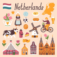 Vector icon set of Netherlands's symbols. Travel illustration with dutch landmarks, people,traditional holland food, building. - obrazy, fototapety, plakaty