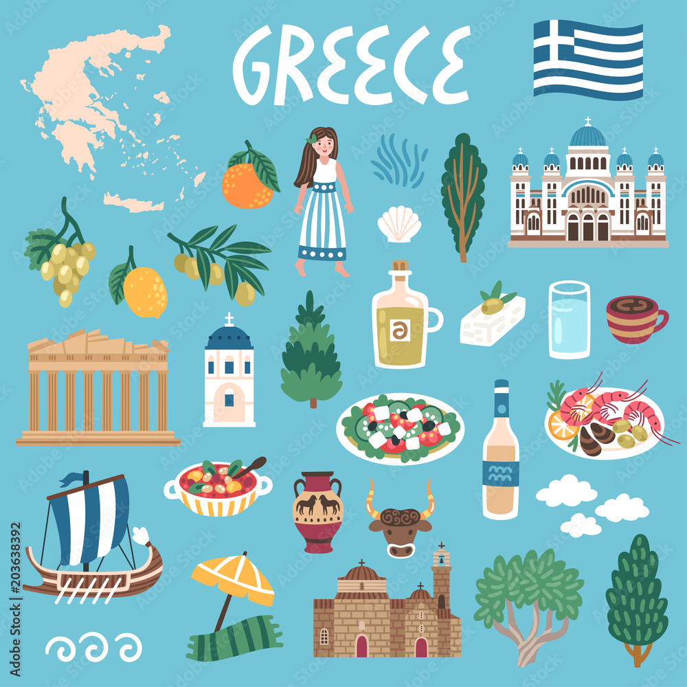 Wall mural vector icon set of greece's symbols. travel illustration with greek landmarks, people,traditional fo