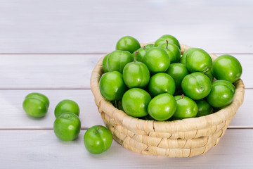 Close Up Of Green Plums Or Greengage In A Basket Isolated On White Wooden Background, Popular Spring Fruits With A Very Sharp Sour Taste Originated In Iran