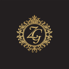 Initial letter ZG, overlapping monogram logo, decorative ornament badge, elegant luxury golden color