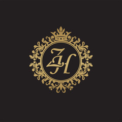 Initial letter ZH, overlapping monogram logo, decorative ornament badge, elegant luxury golden color