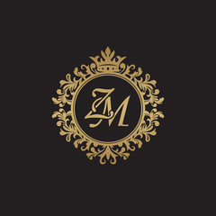 Initial letter ZM, overlapping monogram logo, decorative ornament badge, elegant luxury golden color