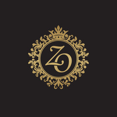 Initial letter ZO, overlapping monogram logo, decorative ornament badge, elegant luxury golden color
