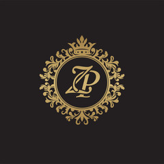Initial letter ZP, overlapping monogram logo, decorative ornament badge, elegant luxury golden color