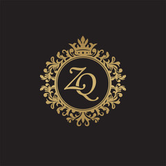 Initial letter ZQ, overlapping monogram logo, decorative ornament badge, elegant luxury golden color