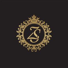 Initial letter ZS, overlapping monogram logo, decorative ornament badge, elegant luxury golden color