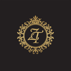 Initial letter ZT, overlapping monogram logo, decorative ornament badge, elegant luxury golden color