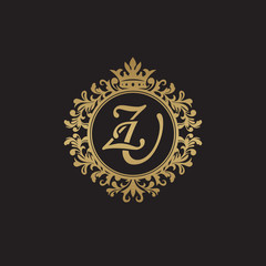 Initial letter ZU, overlapping monogram logo, decorative ornament badge, elegant luxury golden color