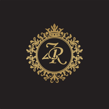 Initial letter ZR, overlapping monogram logo, decorative ornament badge, elegant luxury golden color