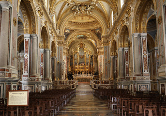 Fototapeta na wymiar Main nave and altar Inside the Basilica Cathedral at Monte Cassino Abbey. Italy