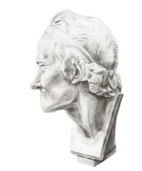 Drawing of Voltaire's plaster head. Head of Voltaire in profile. Gypsum sculpture of the philosopher Voltaire