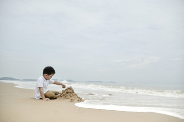 happy family with two kids on the beach,