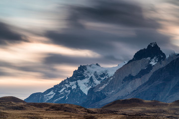 Sunset over the mountain range of Torres del Paine