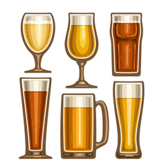 Vector set of different Beer glassware, 6 full glass cups with yellow and brown fizzy beverages various shape, collection icons of alcohol drinks lager and pilsner beer isolated on white background.