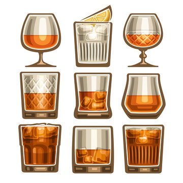 Vector set of different glassware, 9 half full glass cups with amber liquid, collection icons of alcohol drinks whiskey or whisky (neat and with ice cubes) various shape, isolated on white background.