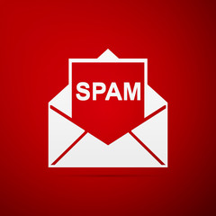 Envelope with spam icon isolated on red background. Concept of virus, piracy, hacking and security. Flat design. Vector Illustration