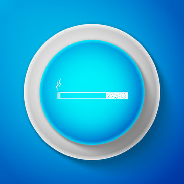 White Cigarette icon isolated on blue background. Tobacco sign. Smoking symbol. Circle blue button with white line. Vector Illustration