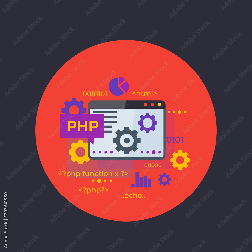 Sticker PHP programming, coding vector illustration