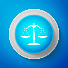 White Scales of justice icon isolated on blue background. Court of law symbol. Balance scale sign. Circle blue button with white line. Vector Illustration