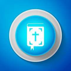 White Bible book icon isolated on blue background. Holy Bible book sign. Circle blue button with white line. Vector Illustration