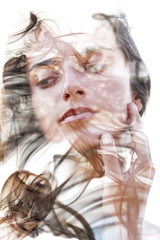 Paintography. Double Exposure portrait of a seductive ethnic woman's profile combined with hand drawn ink painting created using unique technique