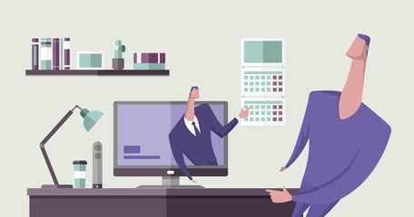 Man pointing at calendar from computer monitor to another man in office interior. Online consulting. Webinar. Concept vector illustration. Flat style. Horizontal.