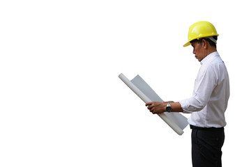 engineer or worker hold blueprint in hand wear yellow helmet on head isolate on white background