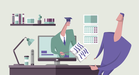Scholar showing a book to another man from computer monitor in office interior. Online education. Distance teaching. Webinar. Concept vector illustration. Flat . Horizontal.
