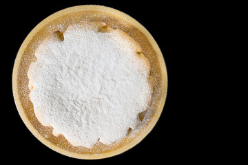 Corn cake. Cake with flour corn fioretto. Fast, simple, healthy, lactose free and gluten free pie. Ingredients: eggs, sugar, vanillin, seed oil, corn starch, corn flour, foil, yeast, powdered sugar