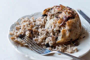Turkish Perde Pilavi / Drape pilaf with chicken, almond and raisin / Pilav
