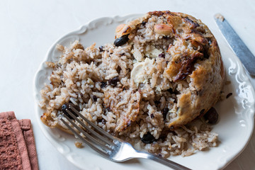 Turkish Perde Pilavi / Drape pilaf with chicken, almond and raisin / Pilav