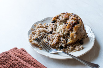 Turkish Perde Pilavi / Drape pilaf with chicken, almond and raisin / Pilav