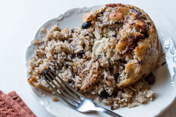Turkish Perde Pilavi / Drape pilaf with chicken, almond and raisin / Pilav