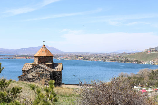 Sevanavank monastery - Holy apostles and the blessed virgin, lake Sevan in the background, Armenia.