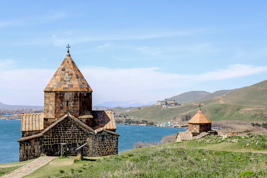 Sevanavank monastery - Holy apostles and the blessed virgin, lake Sevan in the background, Armenia.