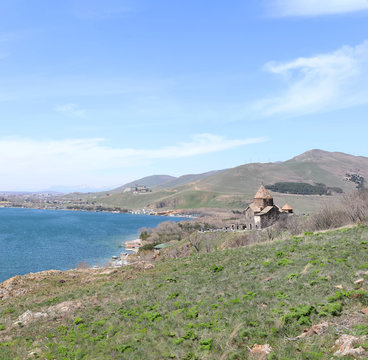 Sevanavank monastery - Holy apostles and the blessed virgin, lake Sevan in the background, Armenia.