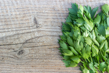 top view of fresh lovage on a wooden board 